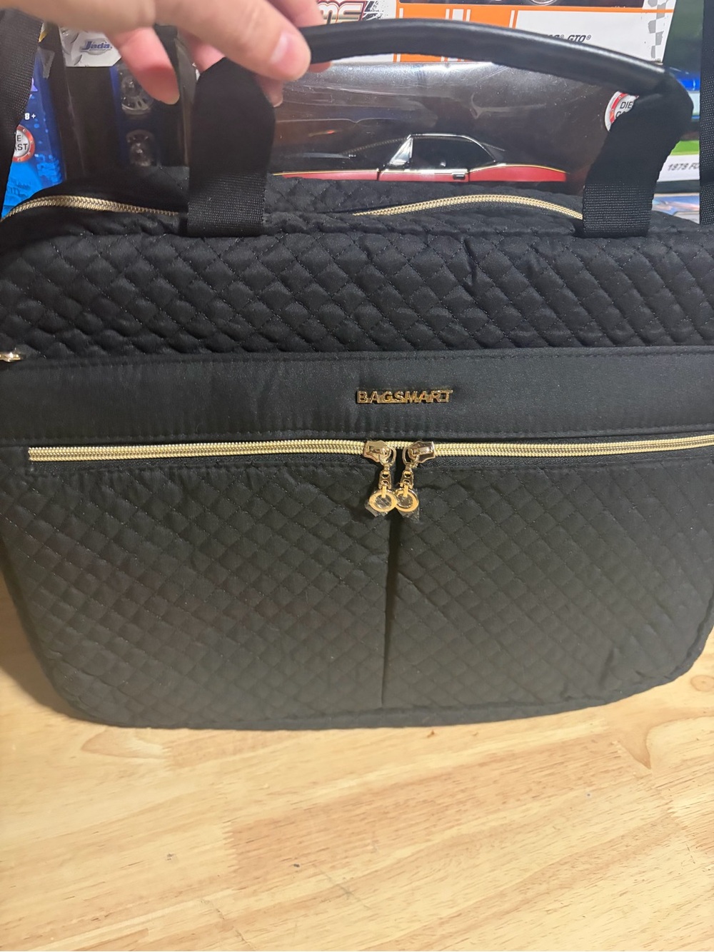 BAGSMART Quilted Black Laptop Tote with Gold Hardware